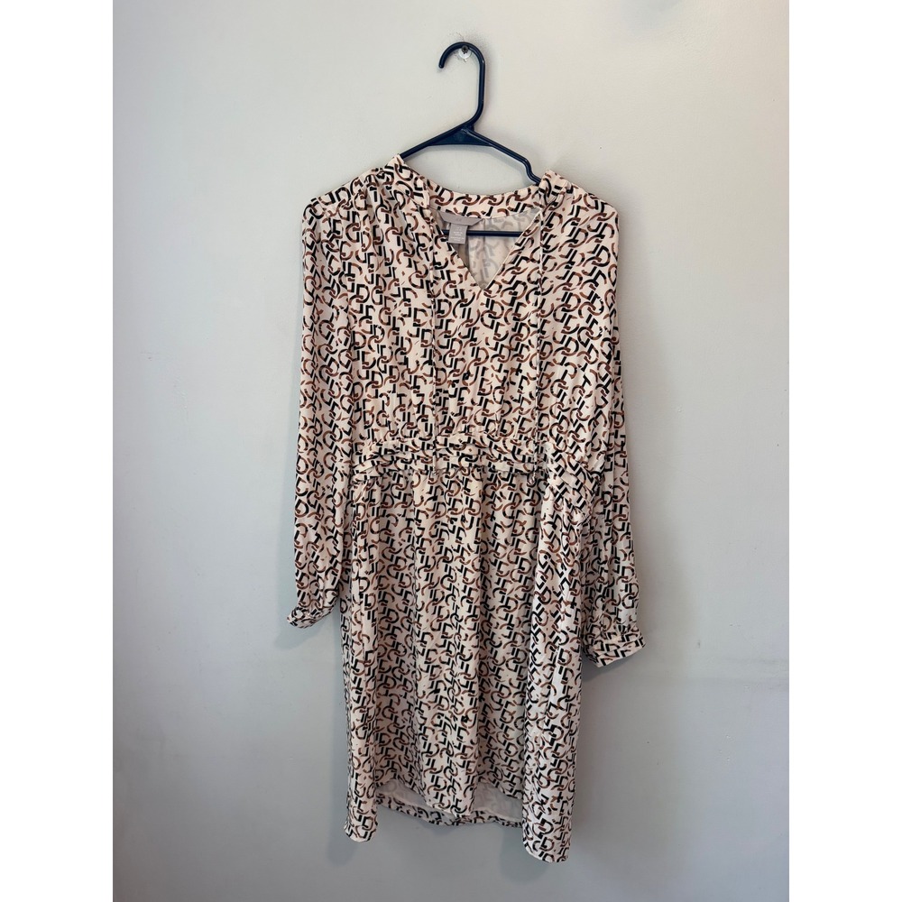HM Women Brown Cream Geometric Chain Link Print V-Neck Long Sleeve Dress Size 10